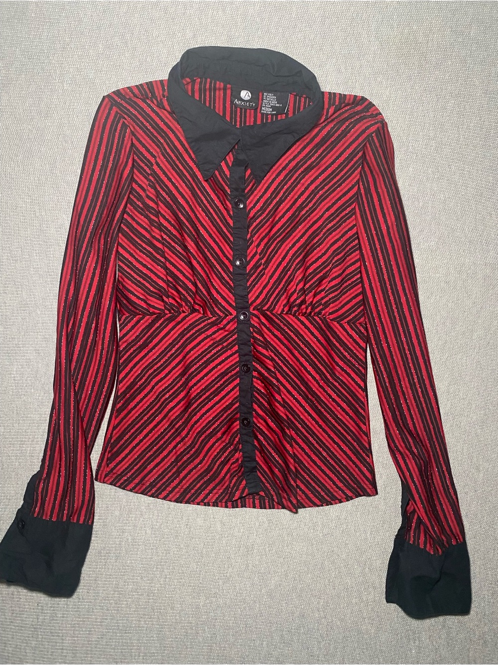 Anxiety Vintage Y2K Red Black Diagonal Striped Blouse Shirt Button Up Medium